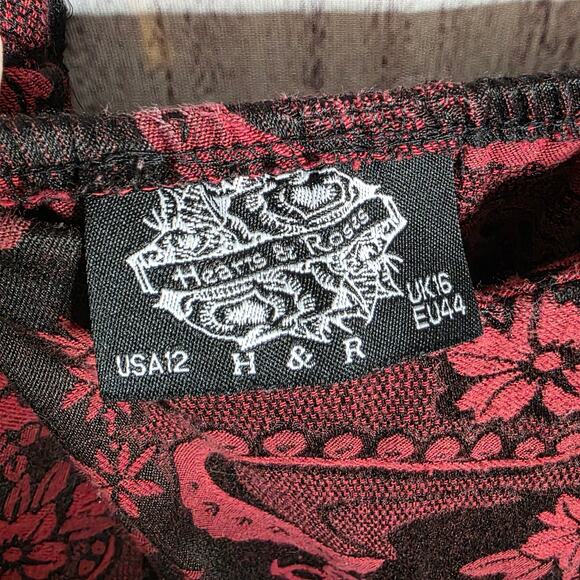 Hearts & Roses Corset Dress Gothic Lolita Black & Wine Red Floral, sz 12 - Picture 6 of 6